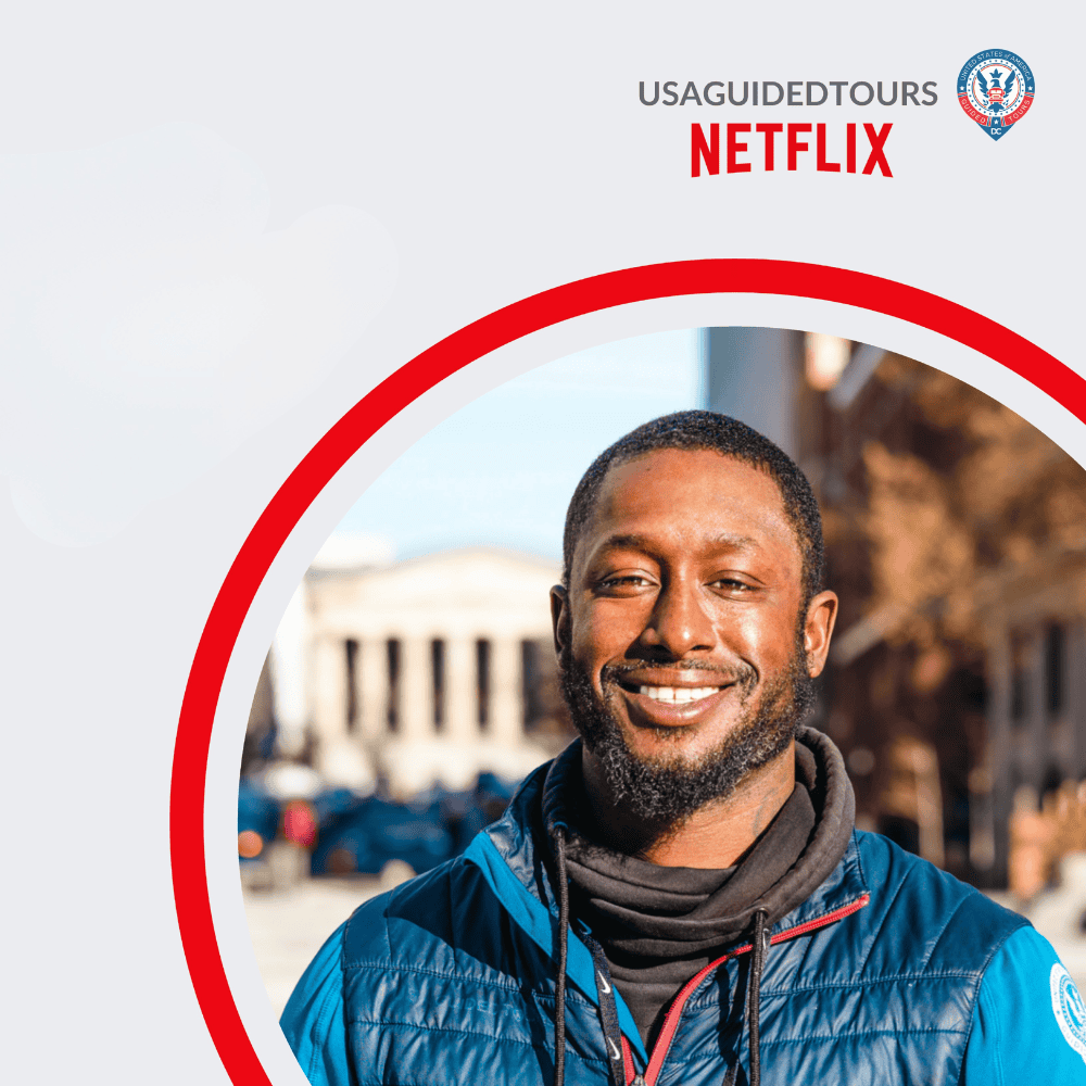 Nick McCall smiling in front of the US Capitol dome with text that reads Book a Tour of DC with “The Tour God” Nick McCall As Seen on Netflix’s Queer Eye