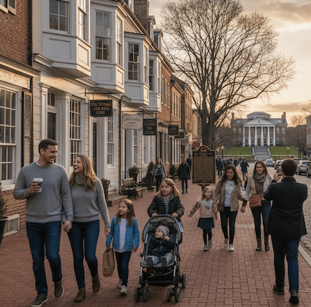 Families walk past historic brick architecture in Old Town Alexandria towards Mount Vernon.