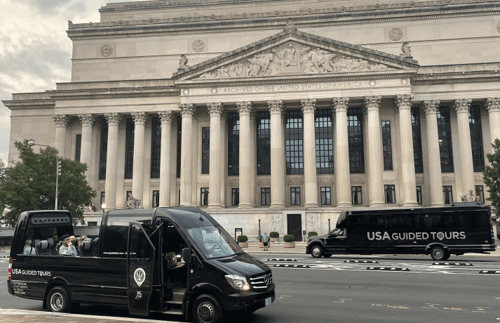 Luxury Buses in front of the National Archives Building