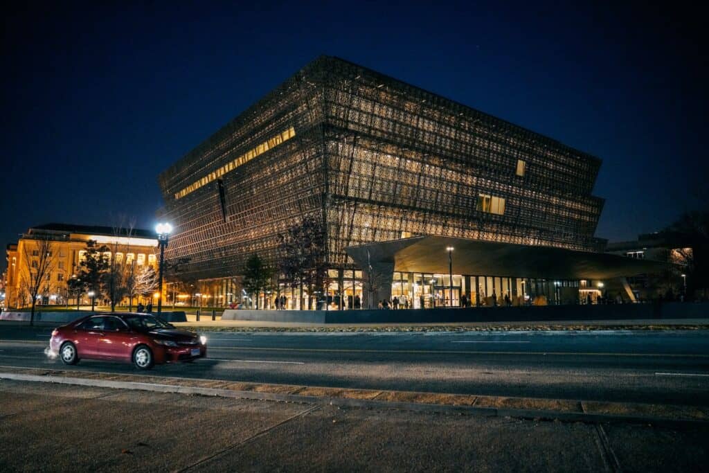 The National Museum of African American History and Culture building during the night
